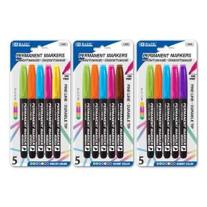 Bazic Fine Tip Varied Bright Assorted Permanent Markers w/ Pocket Clip (5/Pack)