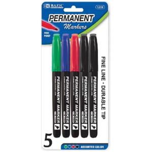Bazic Fine Tip Assorted Permanent Markers w/ Pocket Clip (5/Pack)