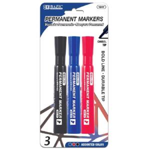 Bazic Chisel Tip Assorted Color Permanent Marker (3/Pack)
