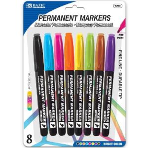 Bazic Fine Tip Bright Assorted Permanent Markers w/ Pocket Clip (8/Pack)