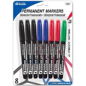 Bazic Fine Tip Assorted Permanent Markers w/ Pocket Clip (8/Pack)
