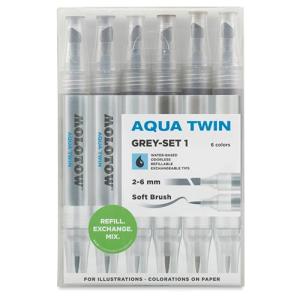 Molotow Aqua Twin Markers 2-6mm / Soft Brush Set - (6 Pack) Grey Set 1