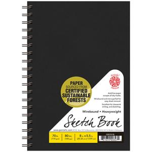 Pentalic Heavyweight Sketch Book 5.5" x 8" - (80 Sheets, 70lb) Wirebound, Black Linen Cover