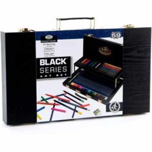 Royal Langnickel Essentials - 59pc Two-Tier Black Series Wooden Box Drawing Artist Set   RSET-ART4202