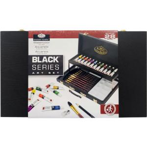 Royal Langnickel Essentials - 28pc Two-Tier Black Series Wooden Box Watercolor Artist Set RSET-ART4205